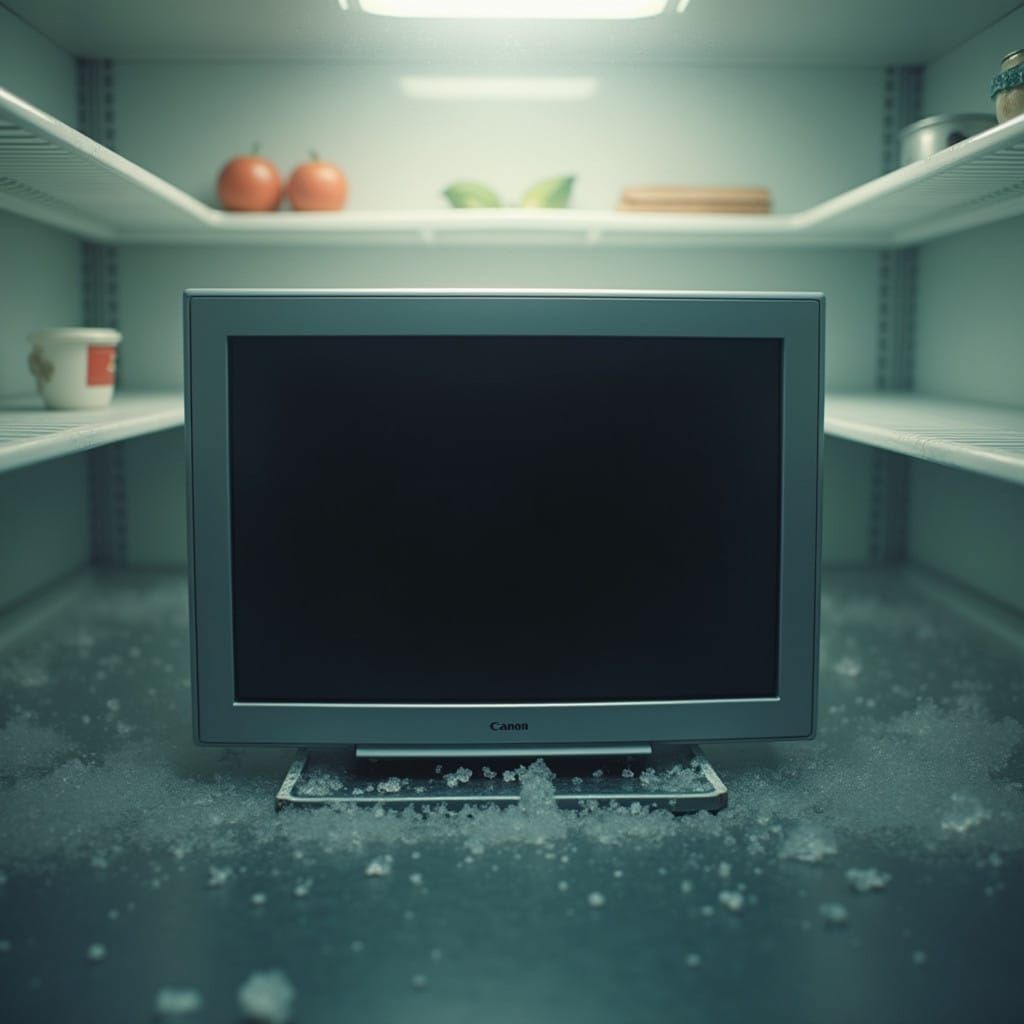 Sleek TV Surrounded by Frosty Refrigerator Compartments