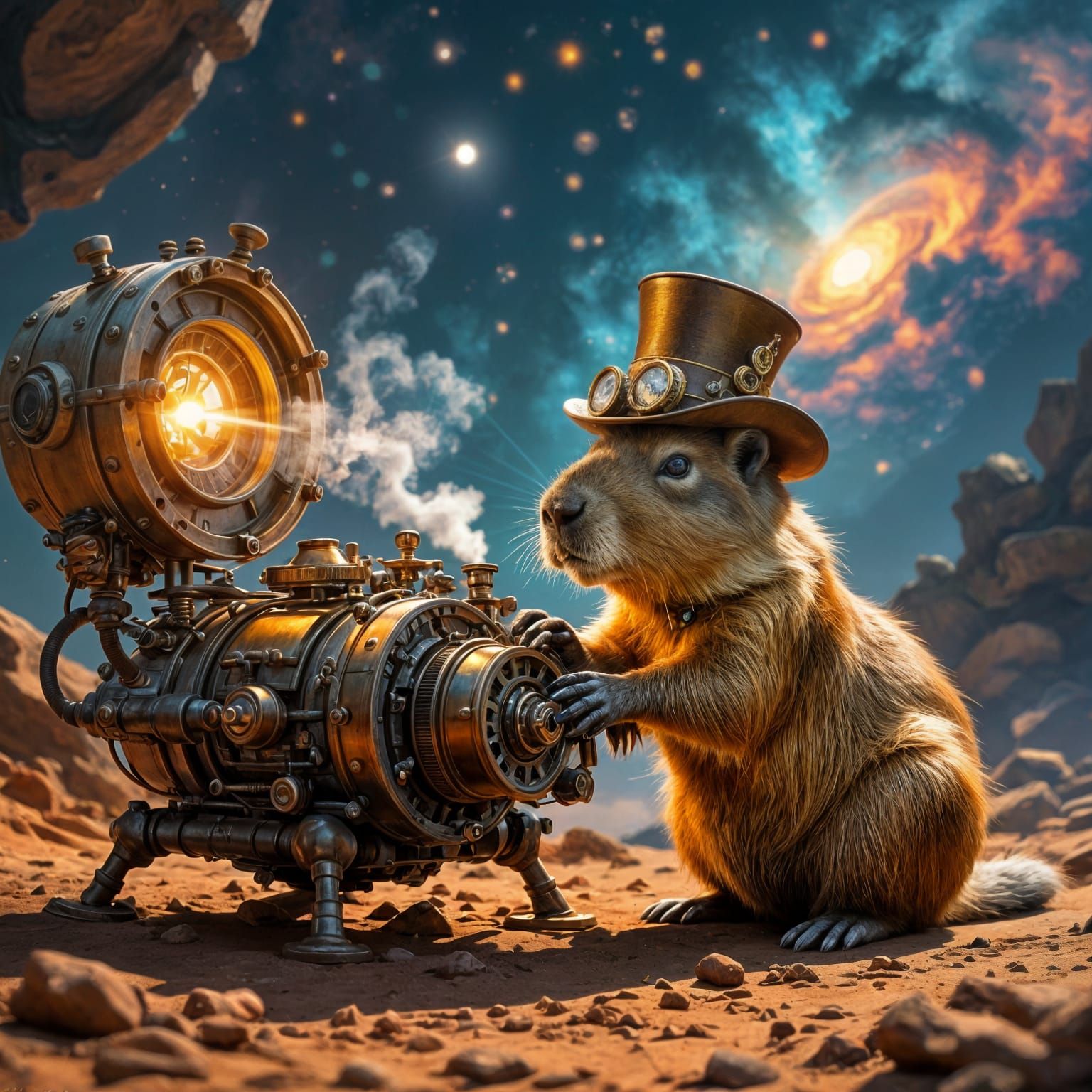 Capybara Repairs Spaceship in Steampunk Hat