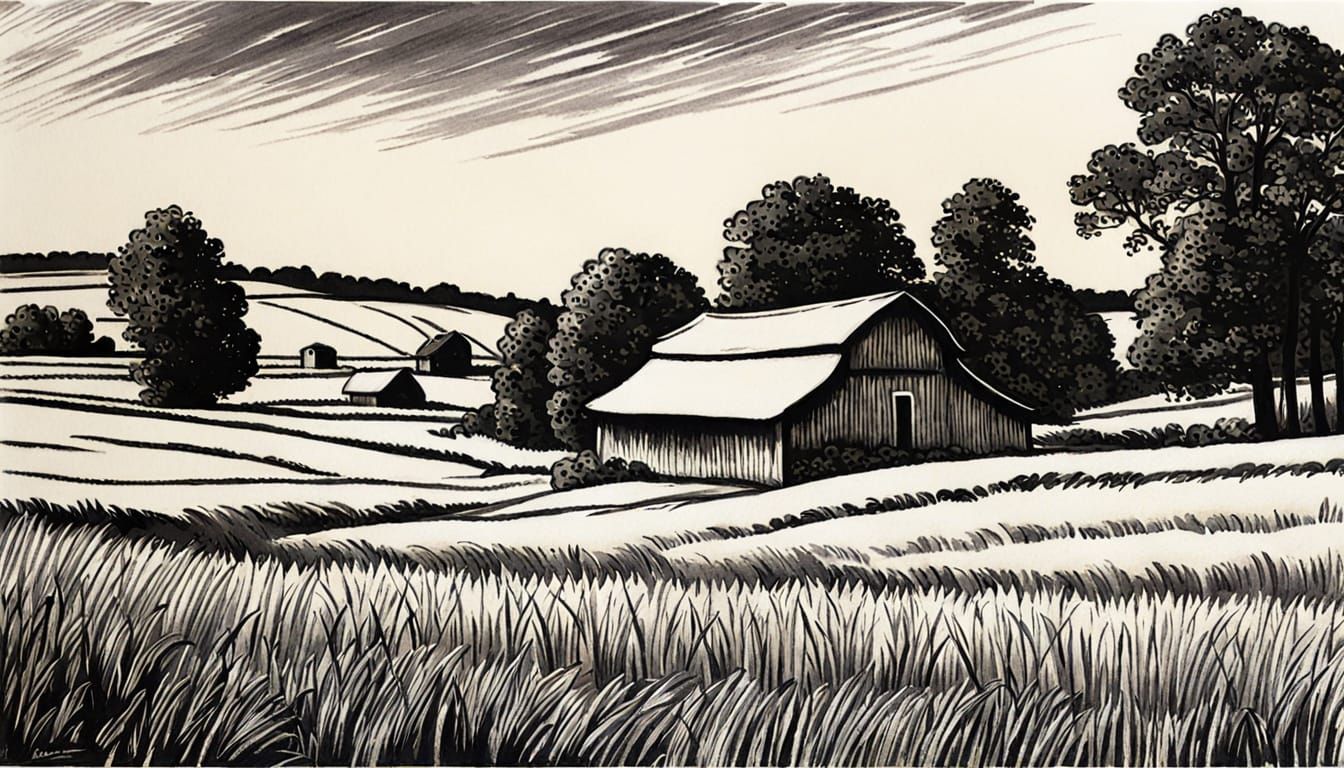 Farm in Field Impressionism Ink Drawing by Claude Monet