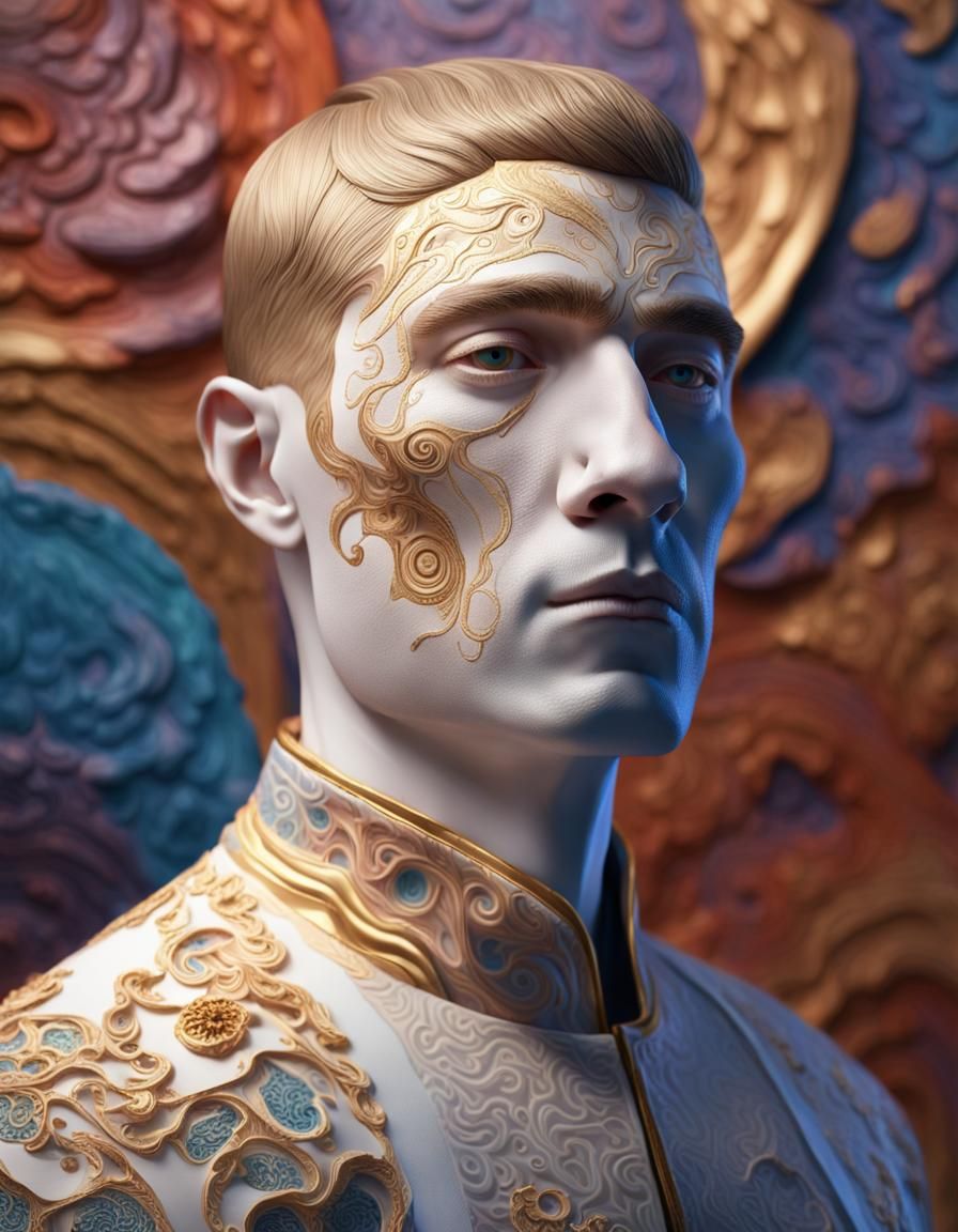 Hyperrealistic Porcelain Man in Dramatic Lighting