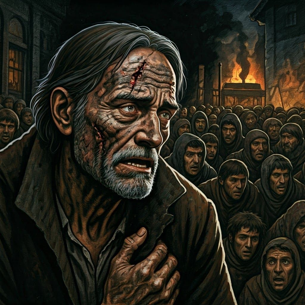 Dark Fantasy Refugee Scene in 1970s D&D Style