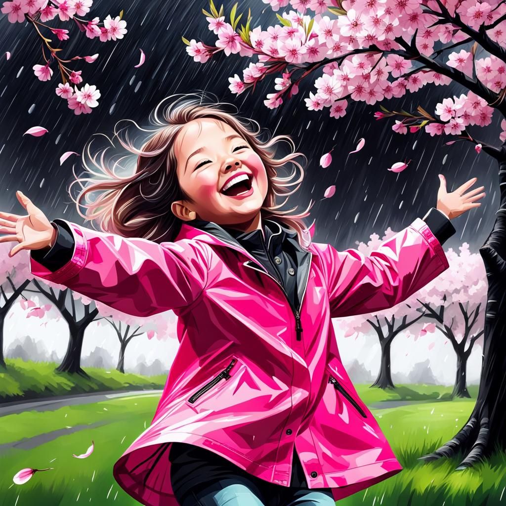 Laughing Girl in Pink Under Cherry Blossoms