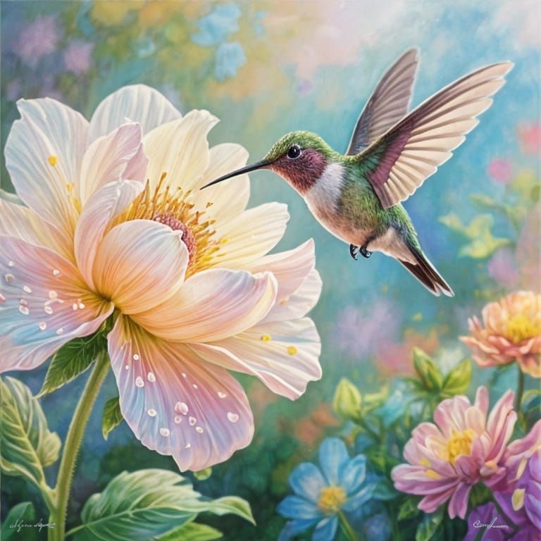 Hummingbird in Dreamlike Airbrush Garden