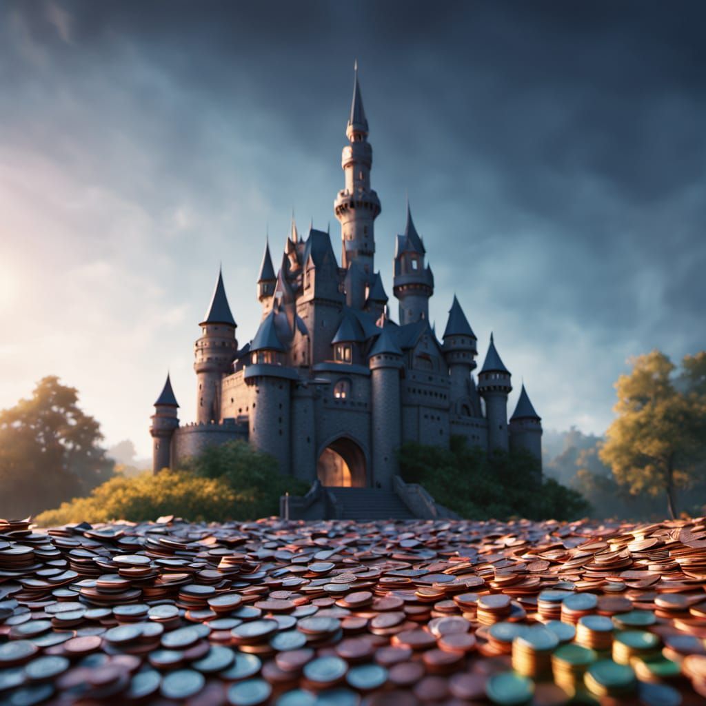 Majestic Castle Made of Money in Golden Hour Light