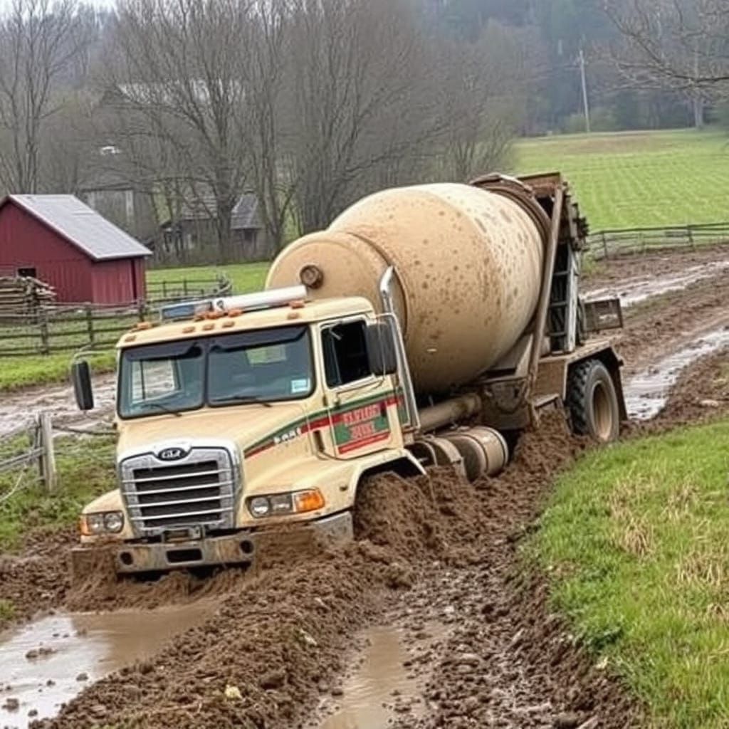 Concrete Mixer Truck Stuck on Amish Farm Muddy Terrain