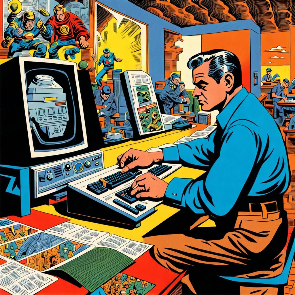 A computer programmer Jack Kirby, comic book art, perfect, smooth