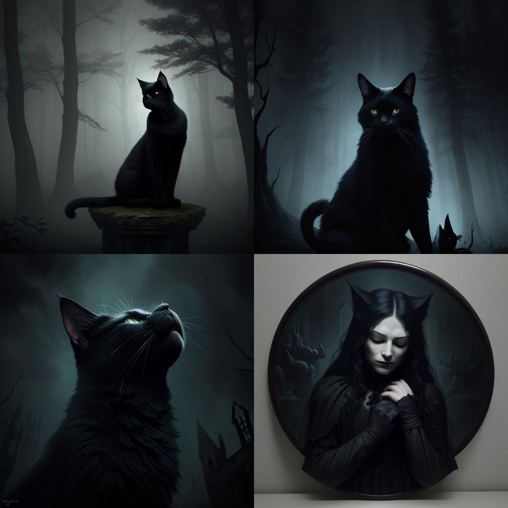 Vampire Black Cat in Engraving Style