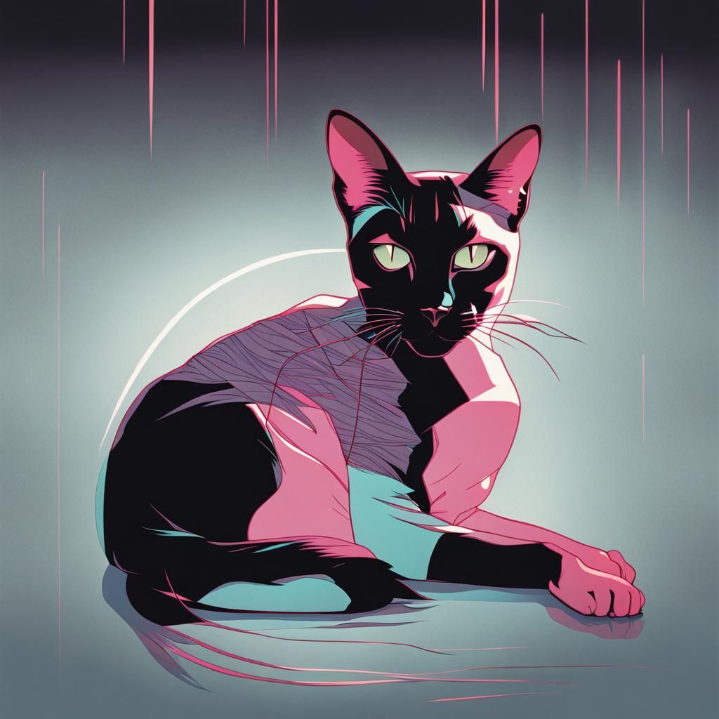 album cover movie poster of a Siamese kitty cat by Patrick Nagel, vaporwave, bold expressive Siamese cat, minimalist sty...