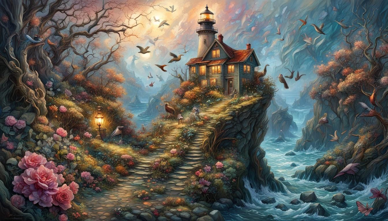 Birds, Flowers, Lighthouse in Winter: Fantasy Art