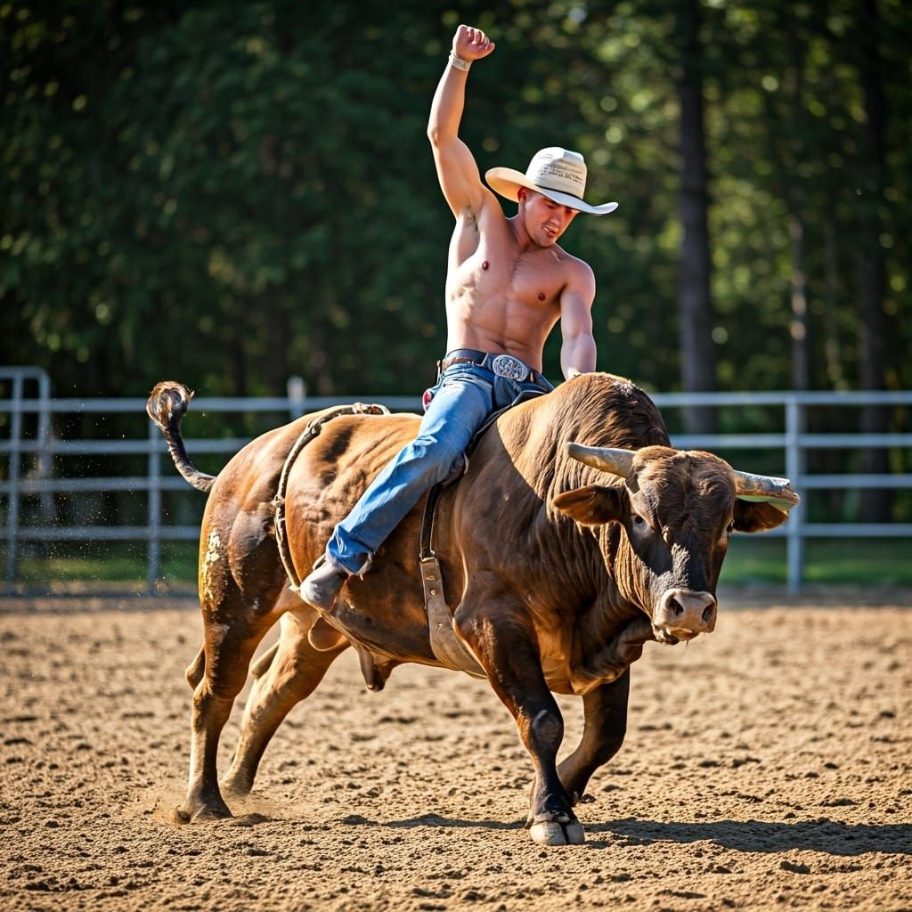 Shirtless Cowboy Rides Bull with Cowboy Hat