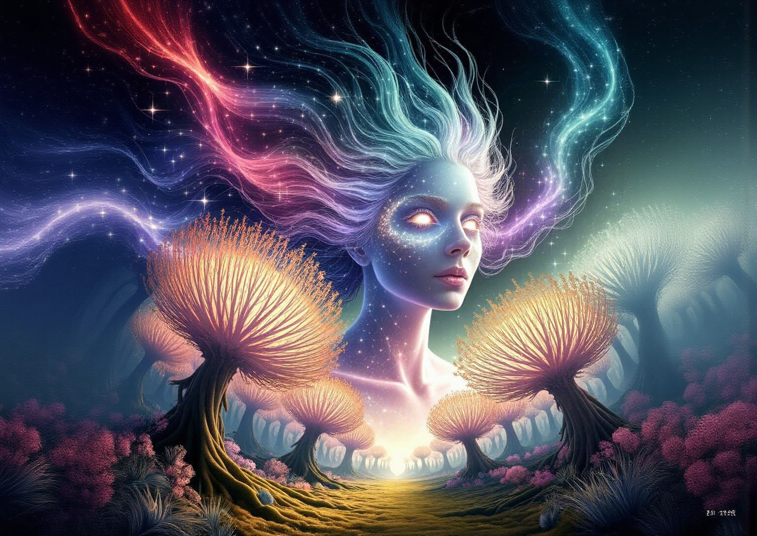 Ghostly Starlight Woman Face Above Glowing Forest