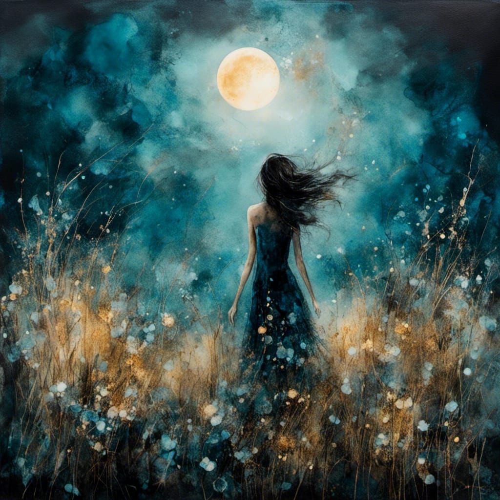 Dreamy Starry Night: Woman Reaching for the Moon