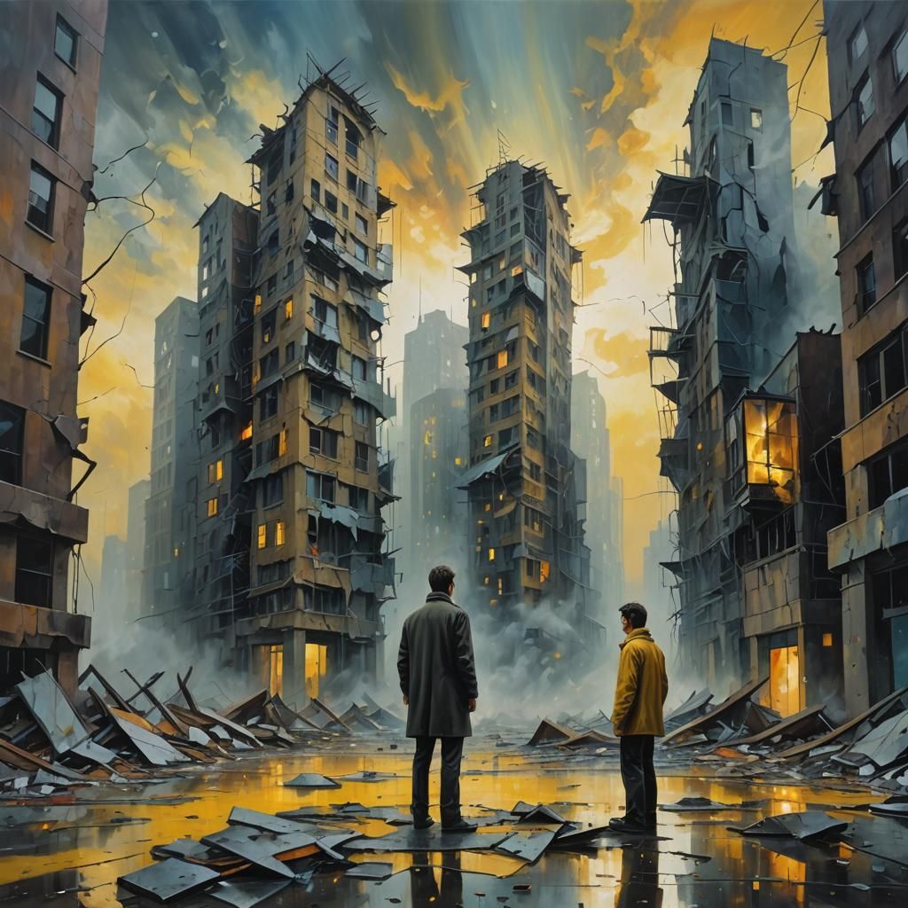 Surrealist Cityscape with Shattered Buildings in Oil Paint