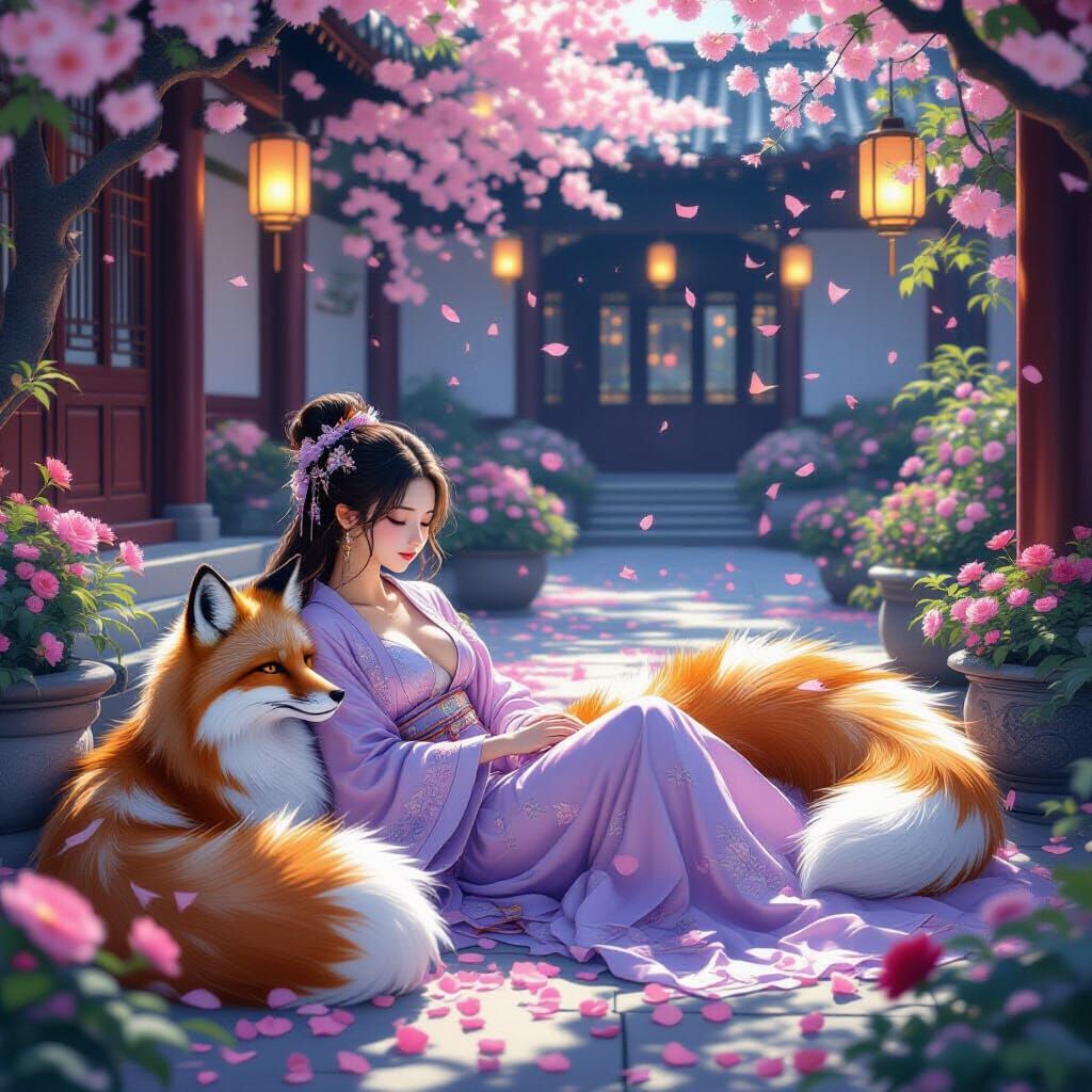 Ethereal Nine-Tailed Fox in Dreamy Palace Garden