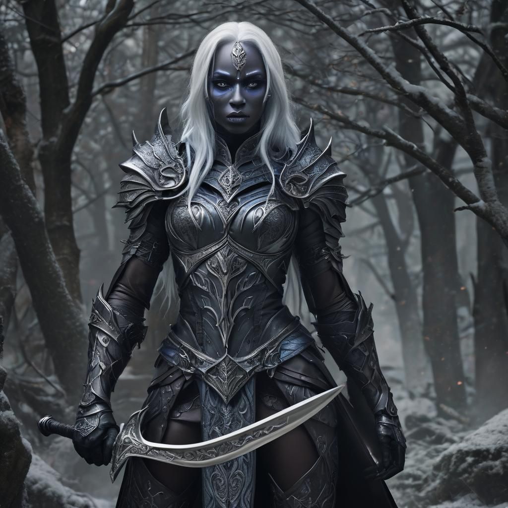 An elegant Drow warrior in dark leather armor is ready for b...