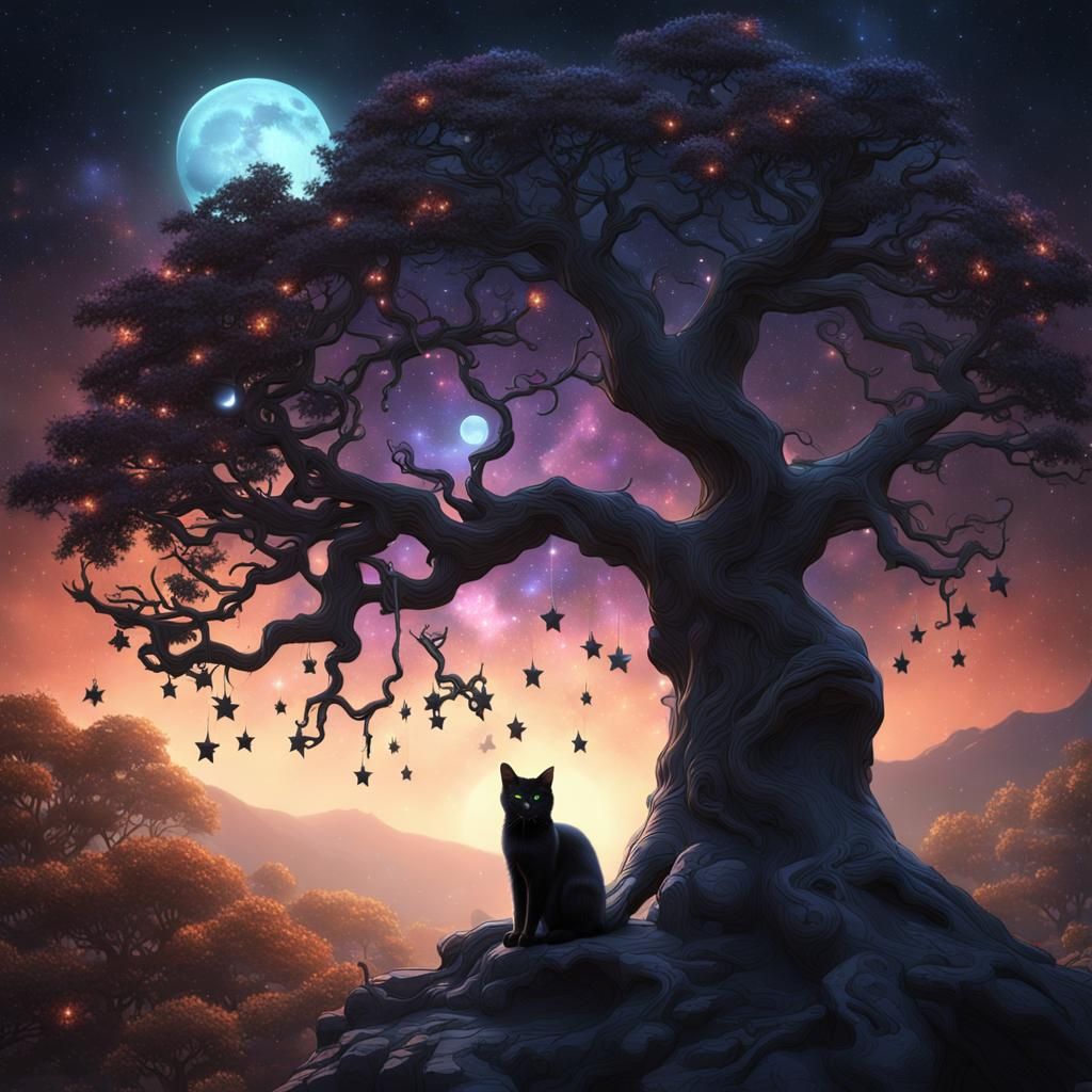 Black Cat Under Starry Moon in Fantasy Art