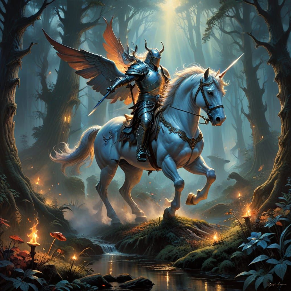 Knight Rides Winged Unicorn in Enchanted Forest