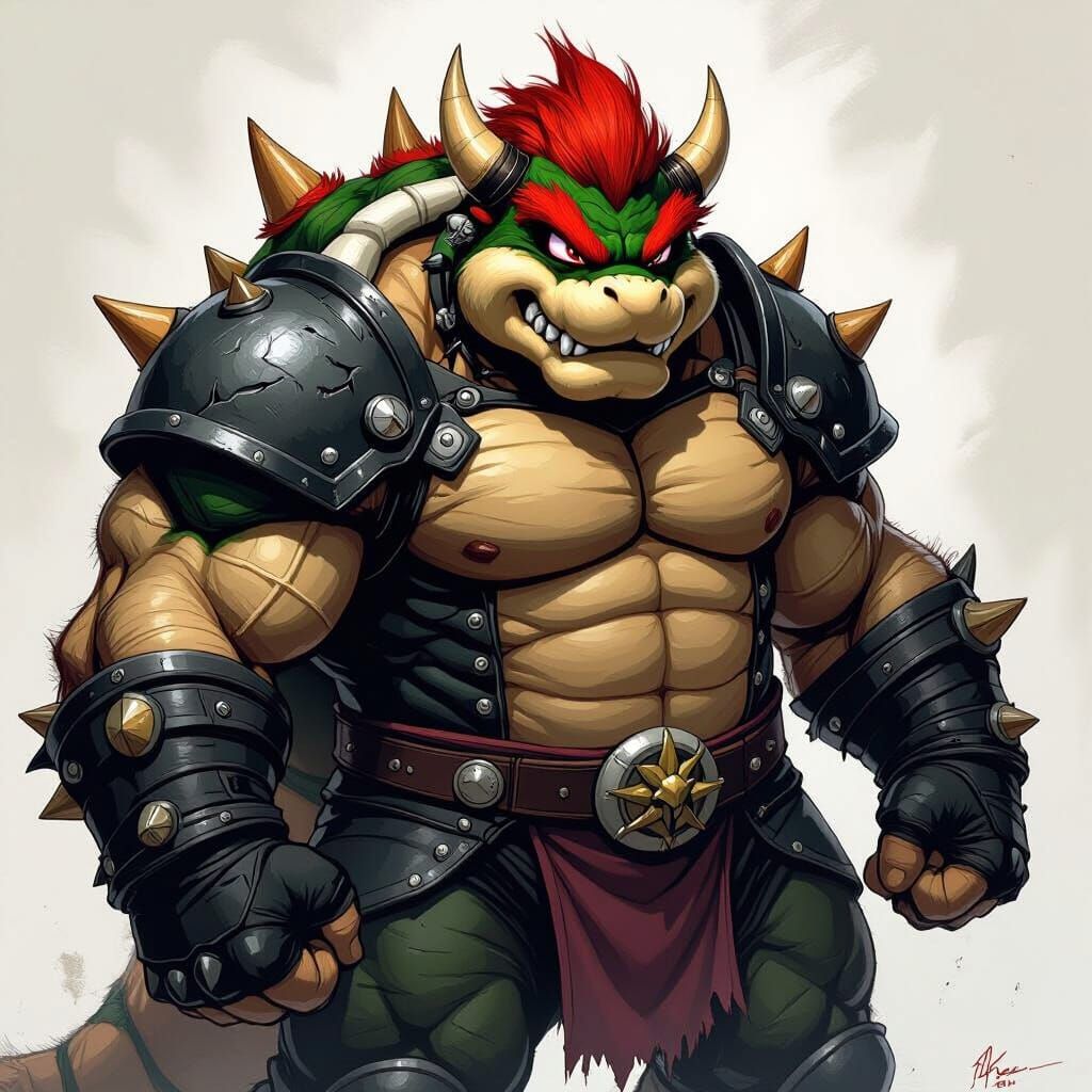 Muscular Bowser in Black Leather Armor, Comic Book Style