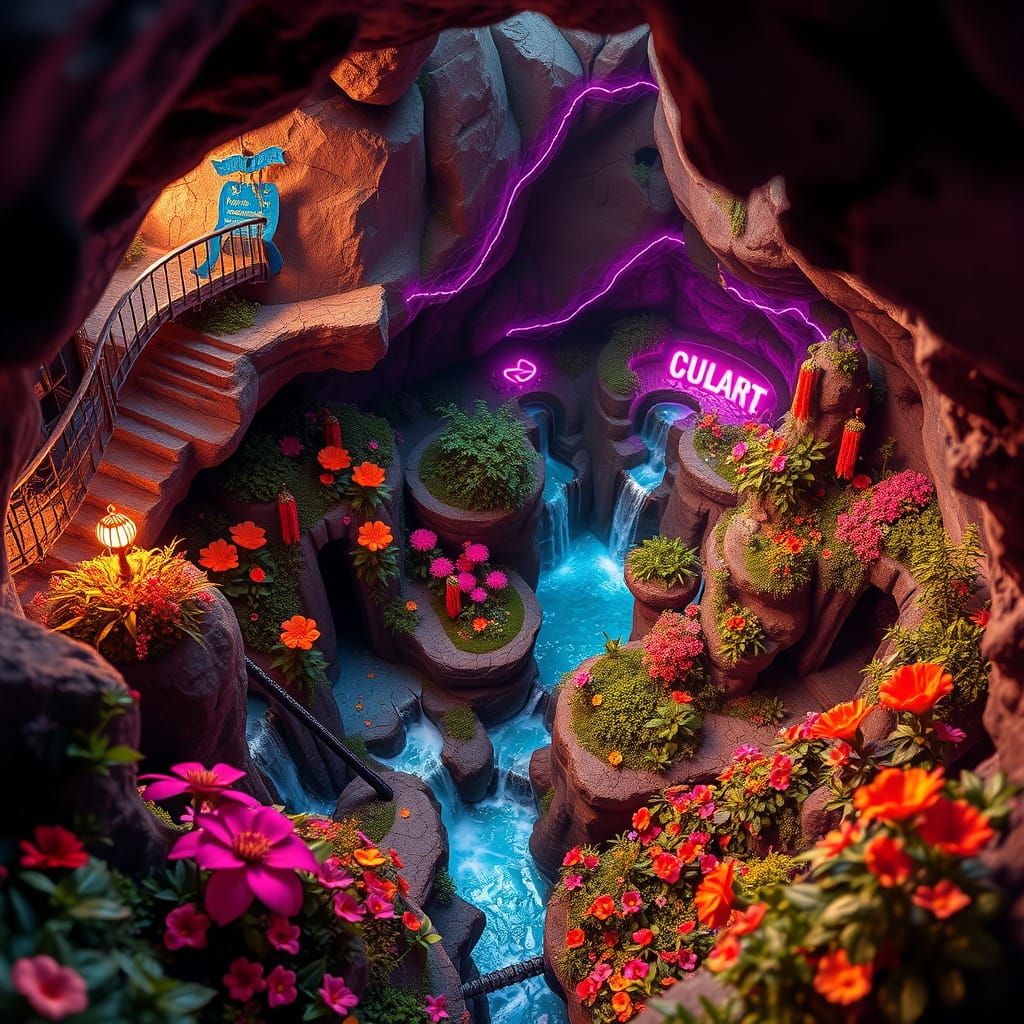 Miniature Oasis Cavern in Surreal Futuristic Style
