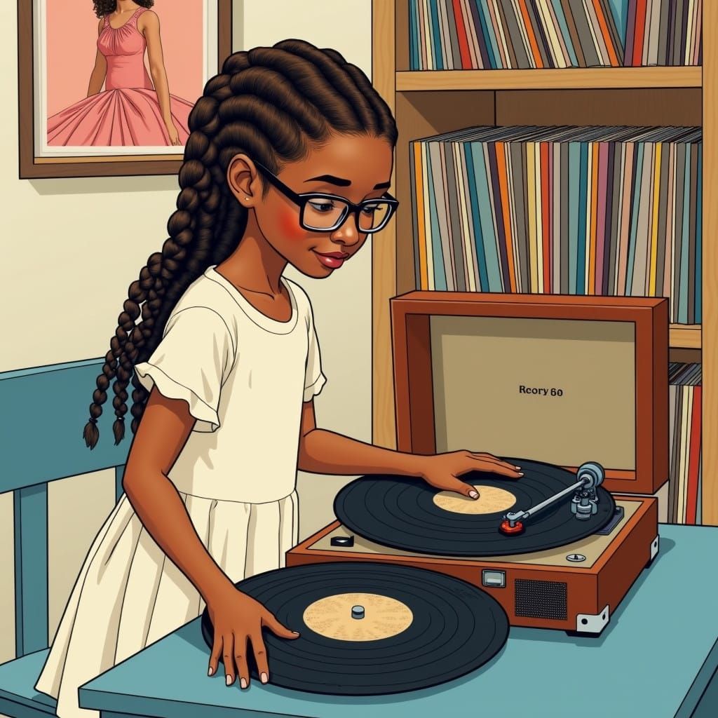 Young Girl Places Vinyl Record on Vintage Turntable in Cozy....