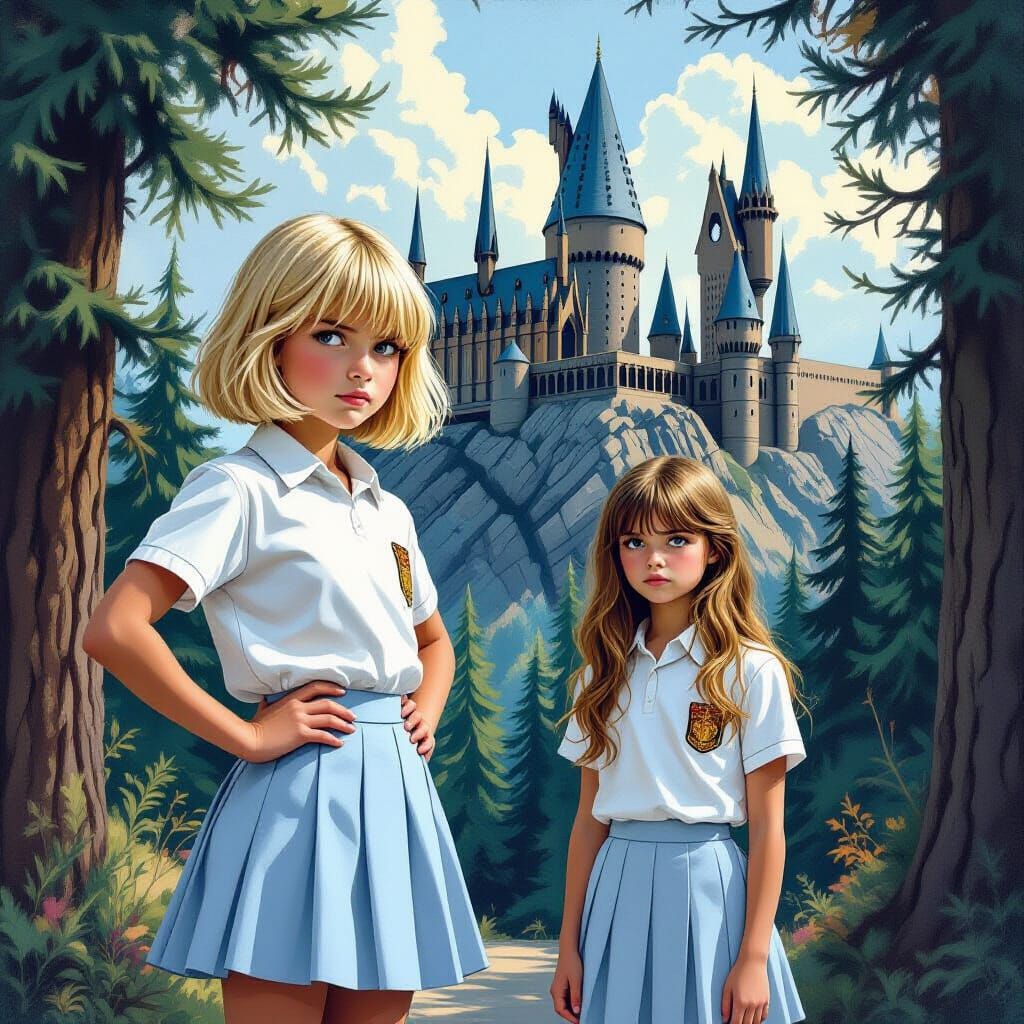 Whimsical Scene with Harry Potter and Two Girls
