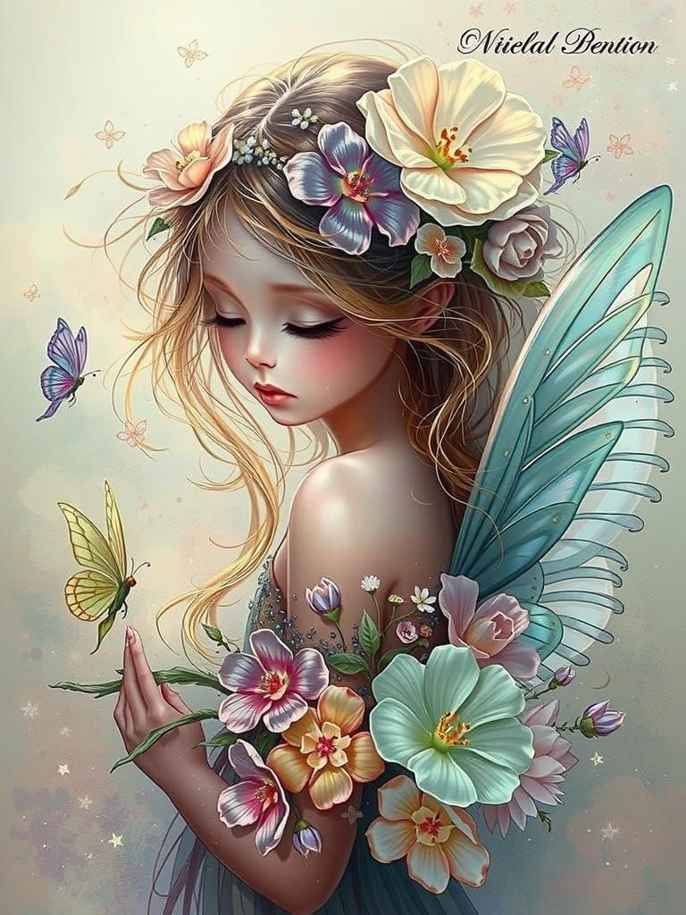 Ethereal Fairy Girl Among Blooming Flowers in Pastel Light