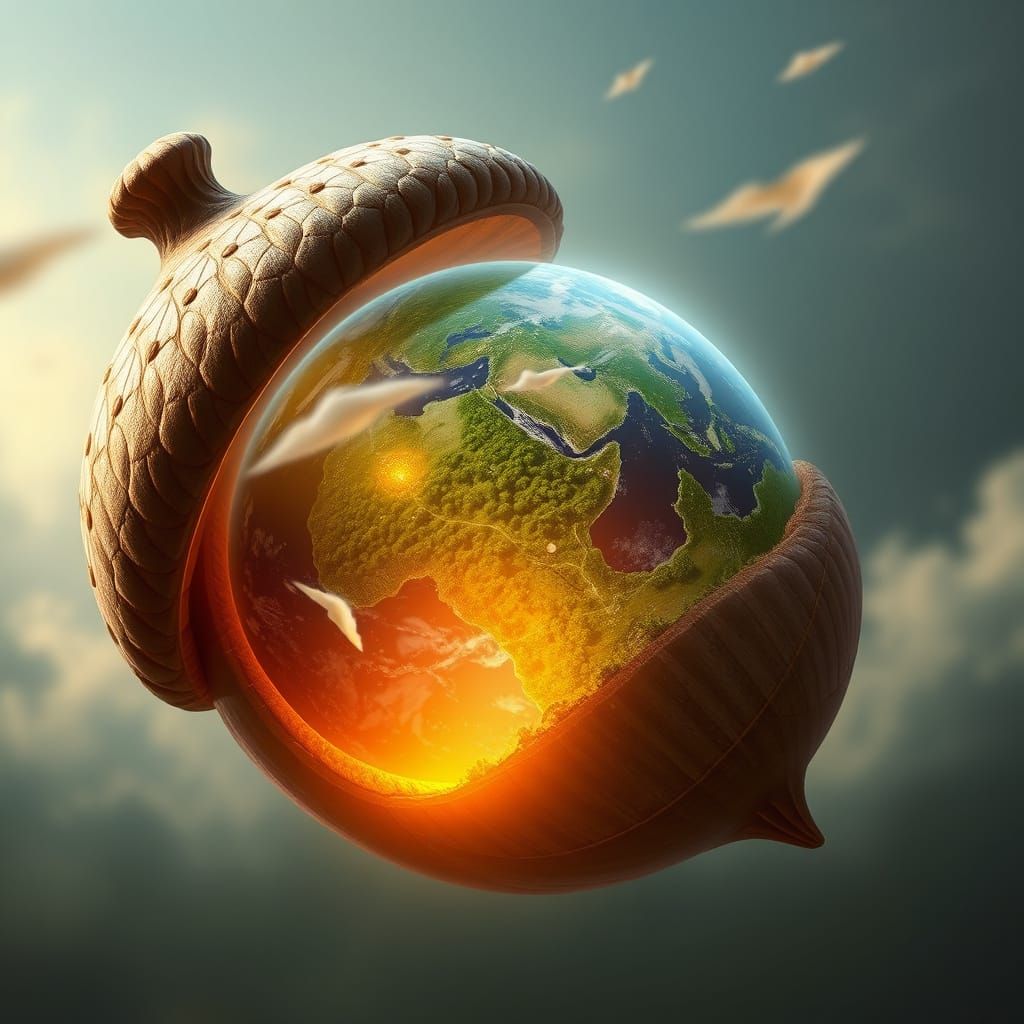 Whimsical Earth Within Delicate Acorn Shell