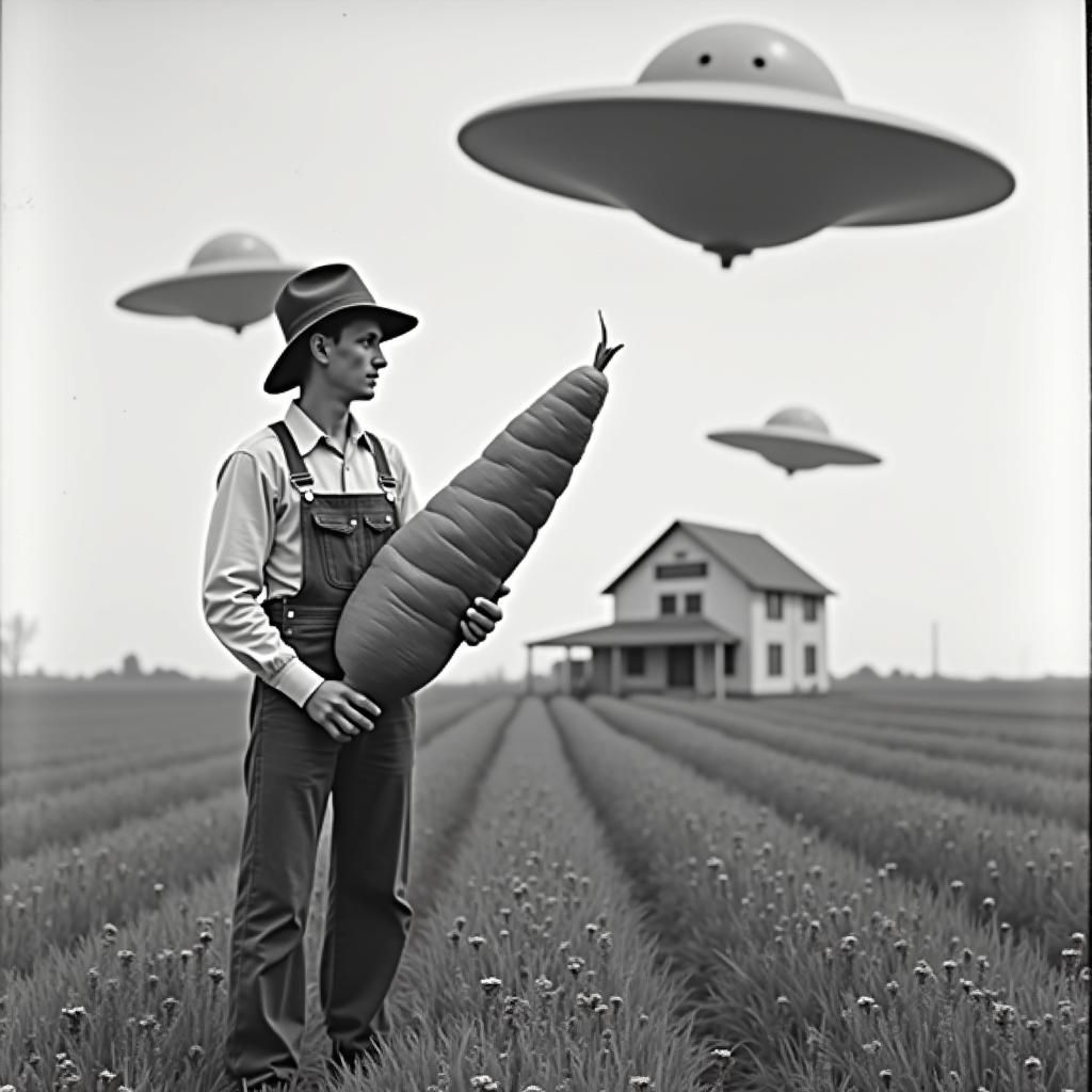 Surreal Farmer with Oversized Carrot and UFOs