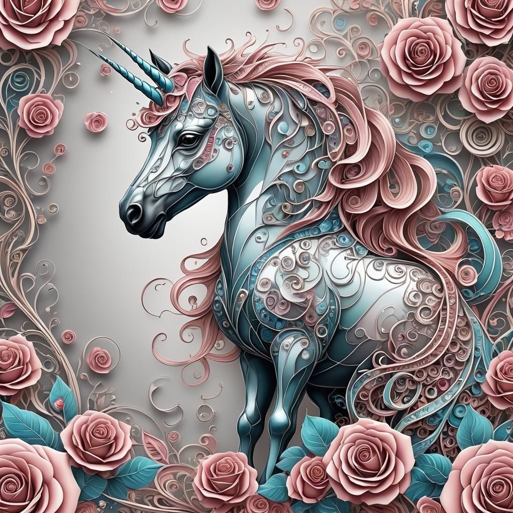 Glass Unicorn with Roses in Abstract Style