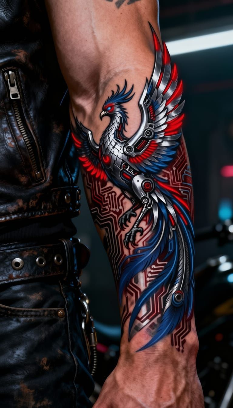 Cyberpunk Phoenix Tattoo on Biker's Arm