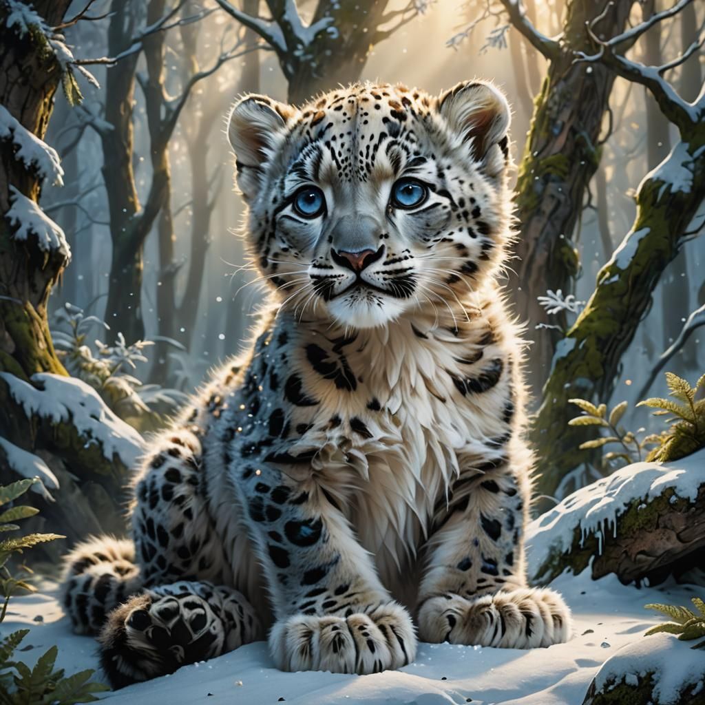 Snow Leopard Cub in Mystical Forest