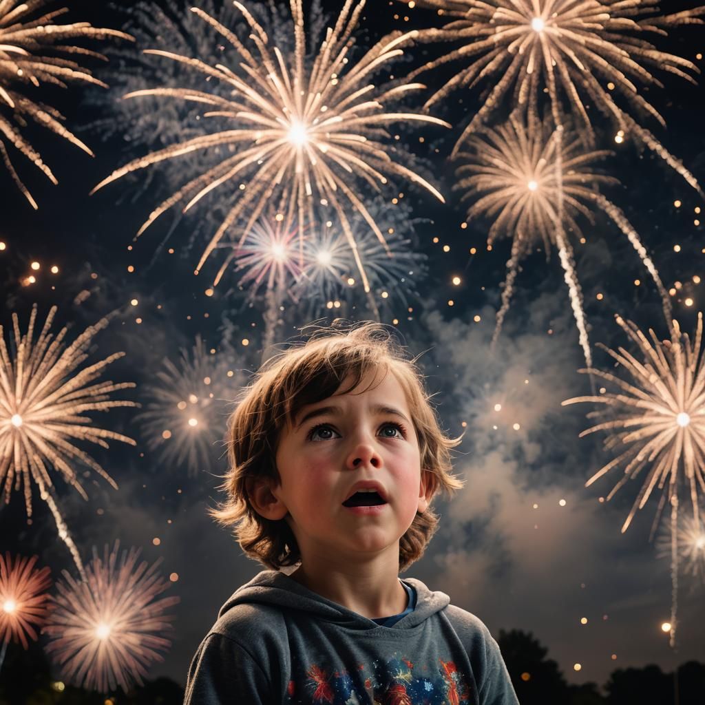 Child's Awe: Fireworks Portrait in Glowing Light