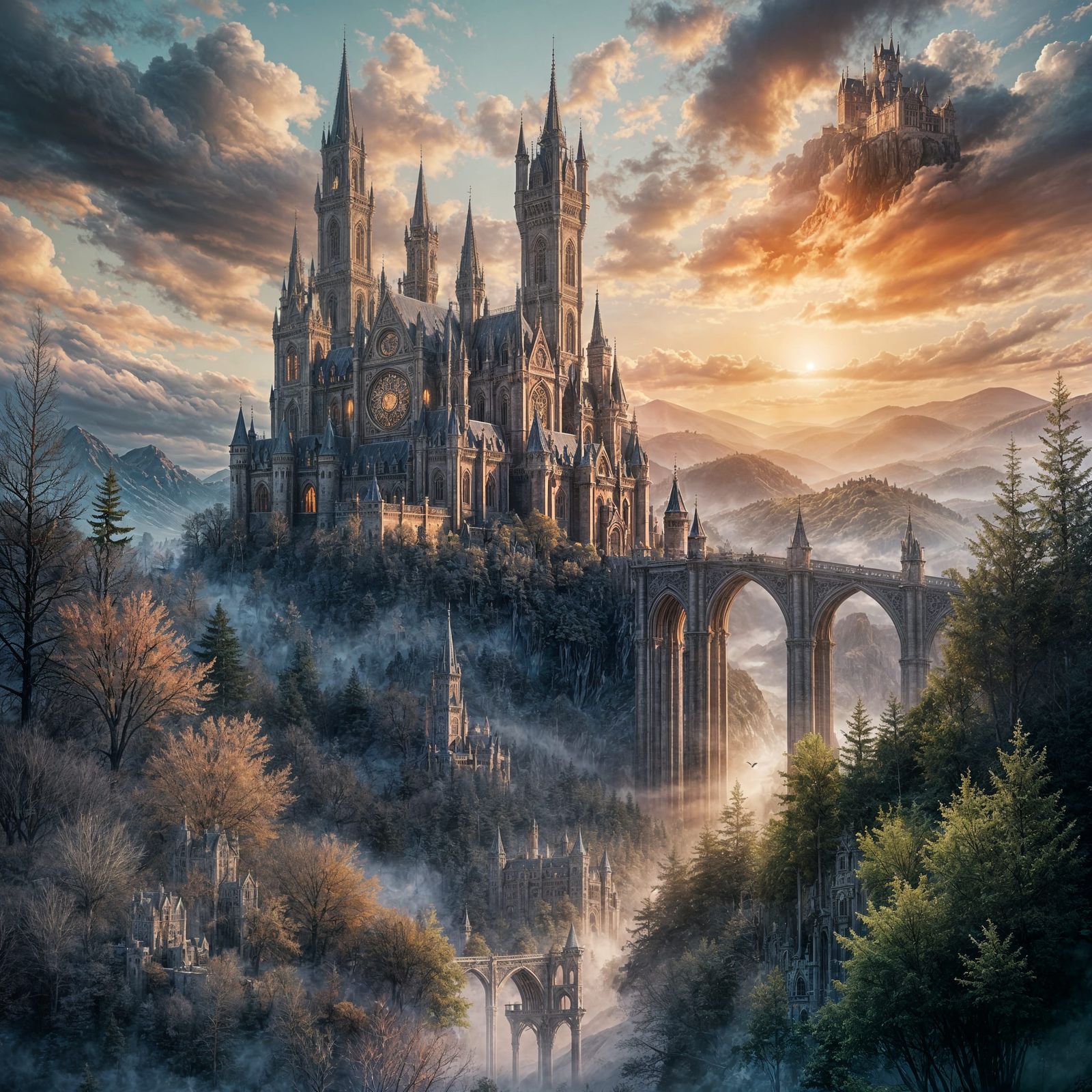 Gothic Castle with Sunset Lighting and Mist Layers