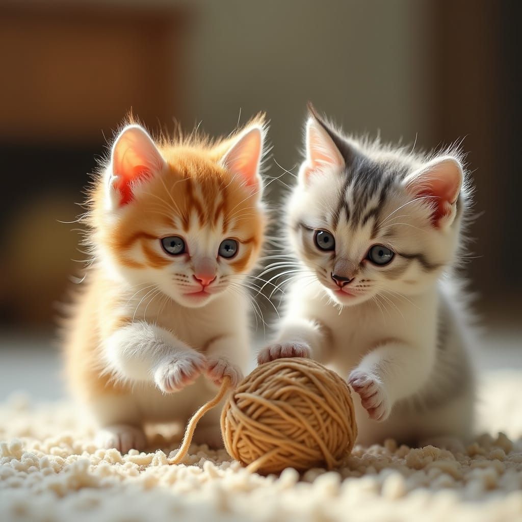 Whimsical Kitten Playtime in Soft, Dreamy Realism