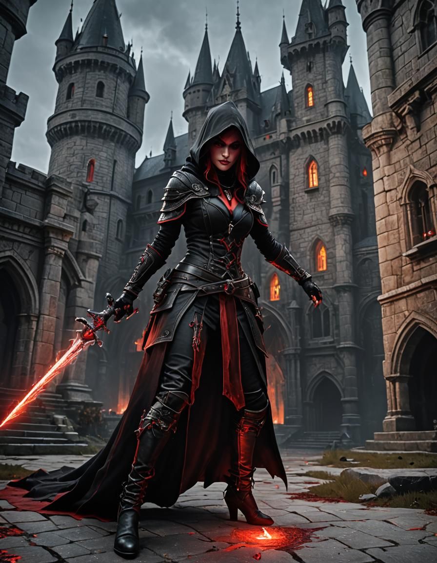 Menacing Vampire with Glowing Dagger Before Castle