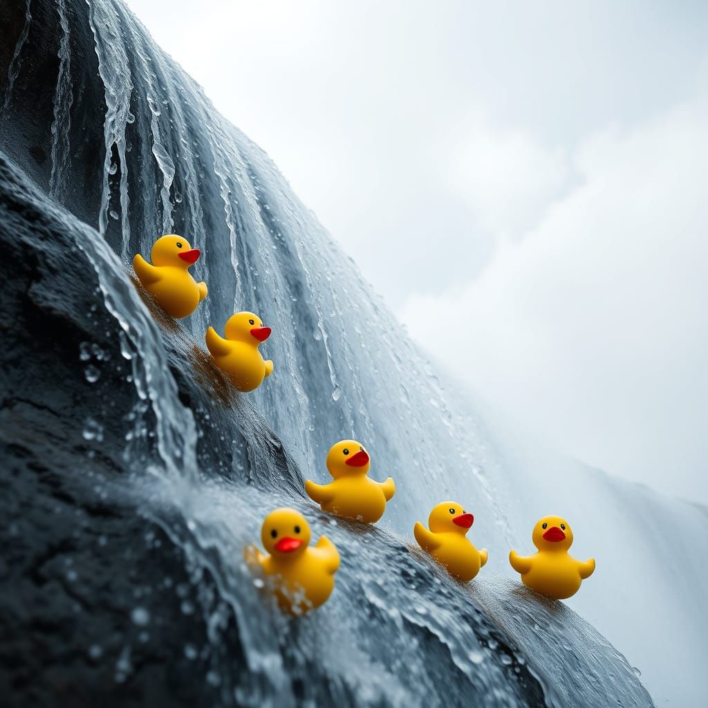 Rubber Ducks in Free Fall over a Waterfall