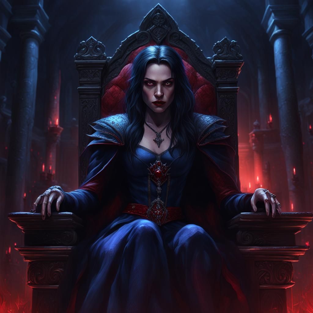Brunette Vampire Queen on Throne: Fantasy Art