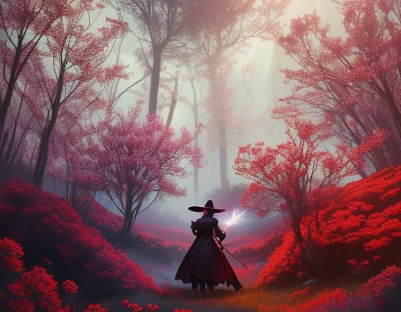 Cute Witch in Crimson Flowers with Arcane Staff