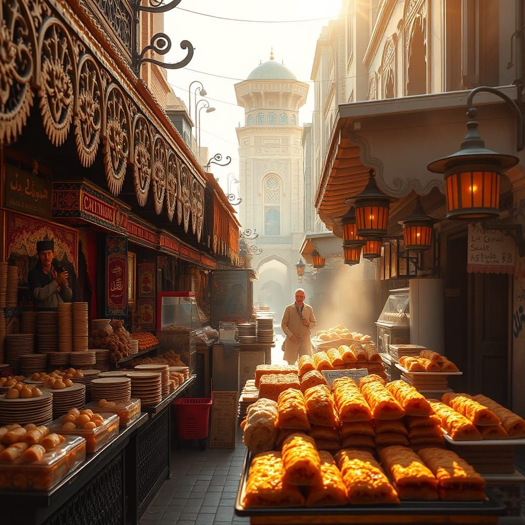 Ottoman Street Food Stalls in Hyperrealistic Style