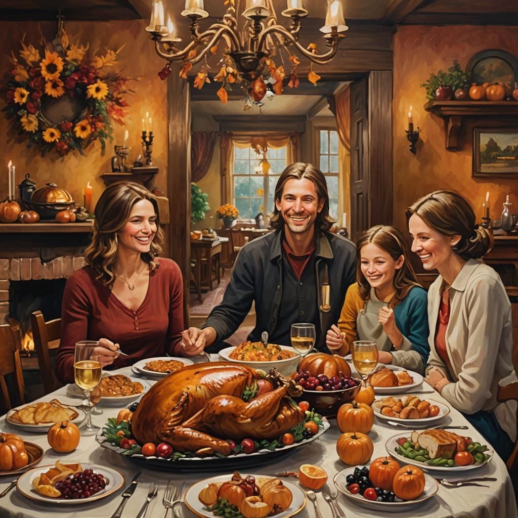 Thanksgiving Dinner: Warm Oil Painting of Family Gathering