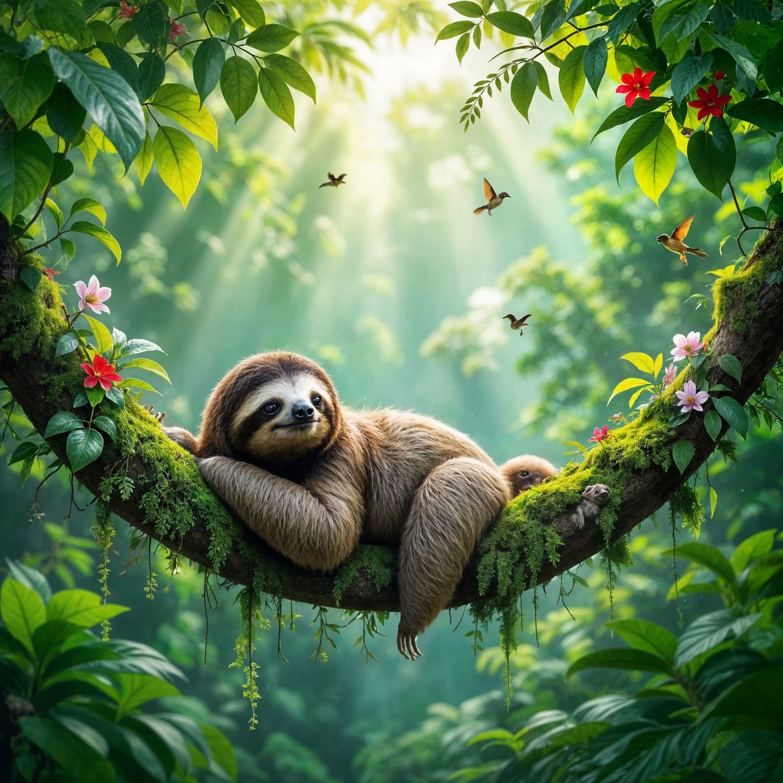 A beautiful, scenic rainforest scene featuring a sloth in it...