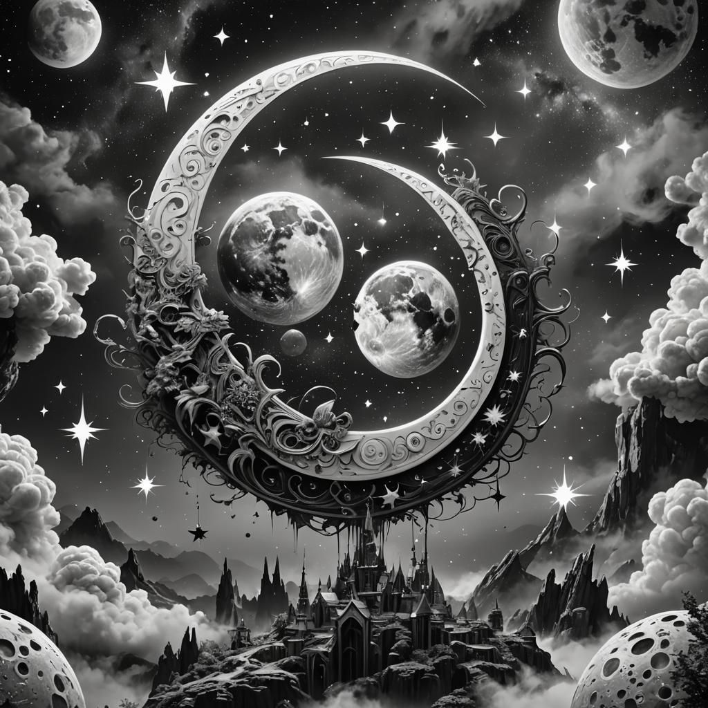 Black and White Tattoo Design of Stars and Moon