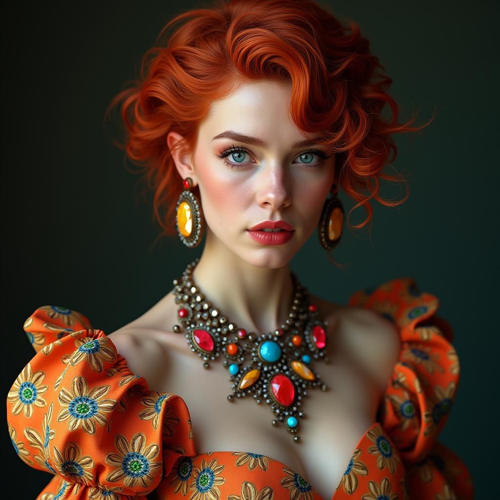 Woman in Floral Gown, Art Nouveau Digital Portrait