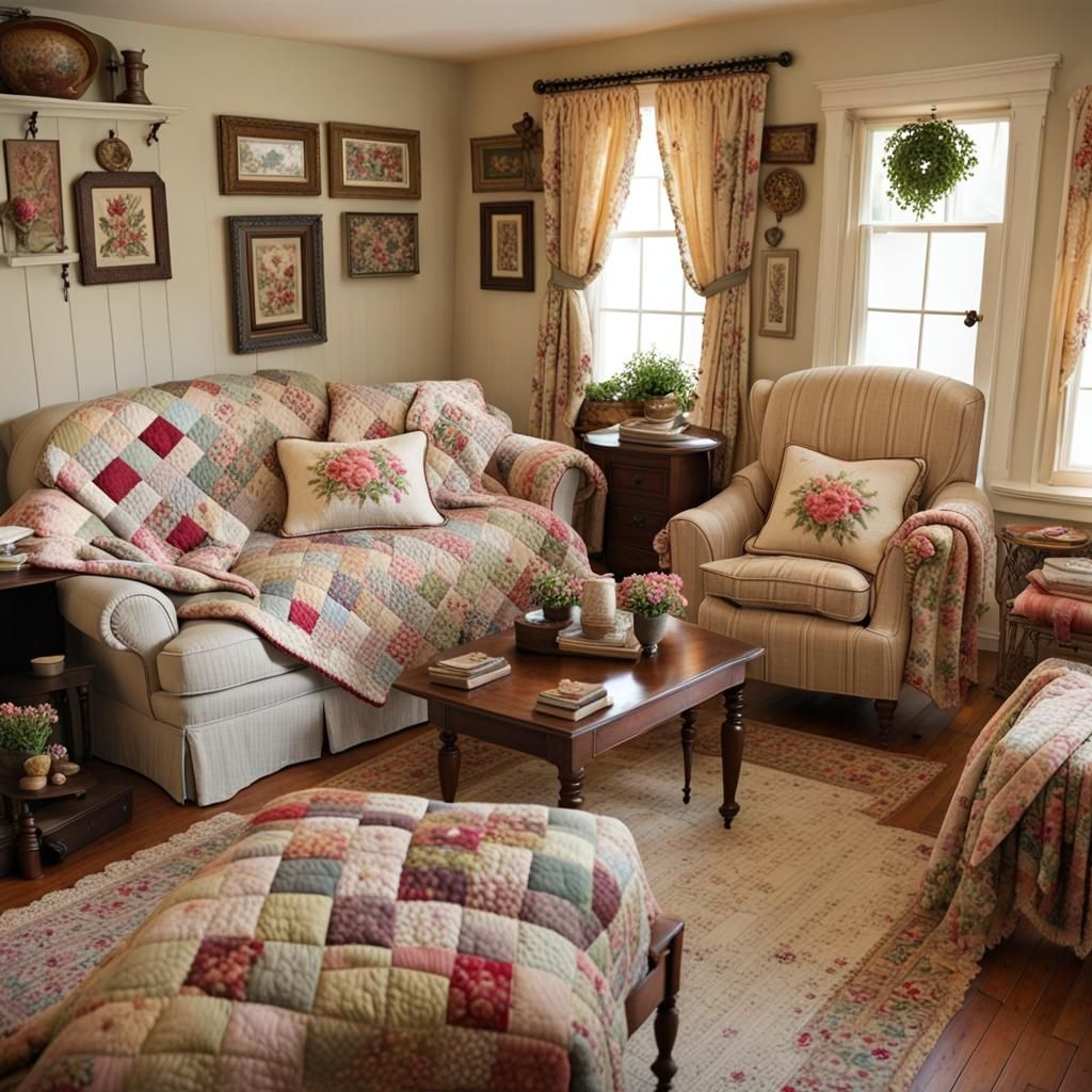 Victorian Cottage Living Room with Quilts