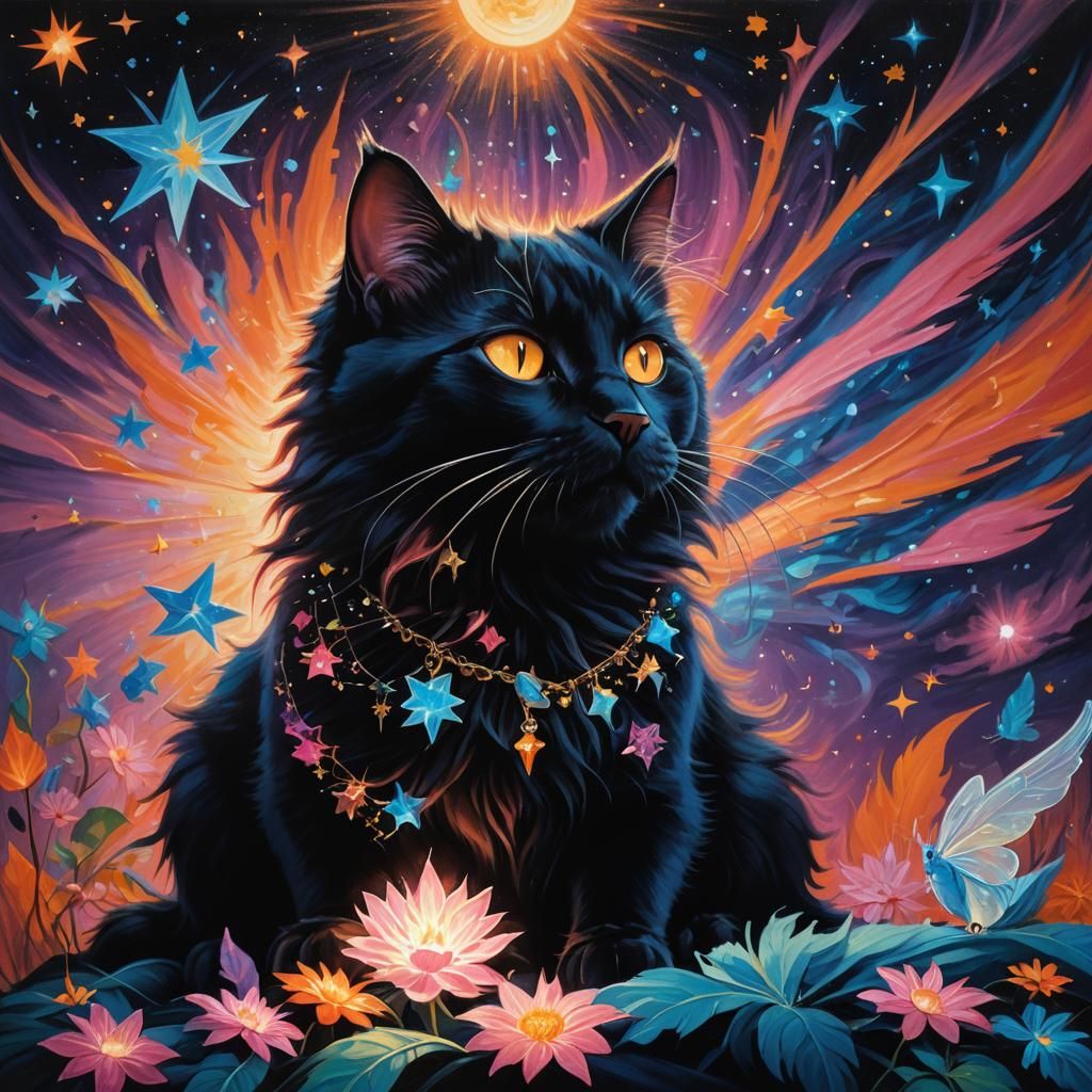 Mystical Cat and Tooth Fairy in Surreal Oil Painting