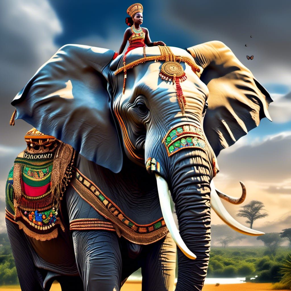 African Queen on Decorated Elephant: Hyperrealistic Digital ...