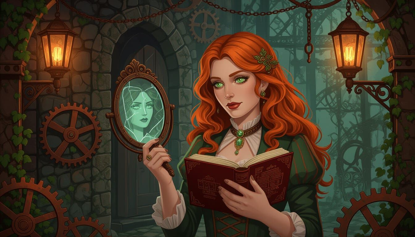 Steampunk Manor Woman With Fiery Hair and Spectral Double