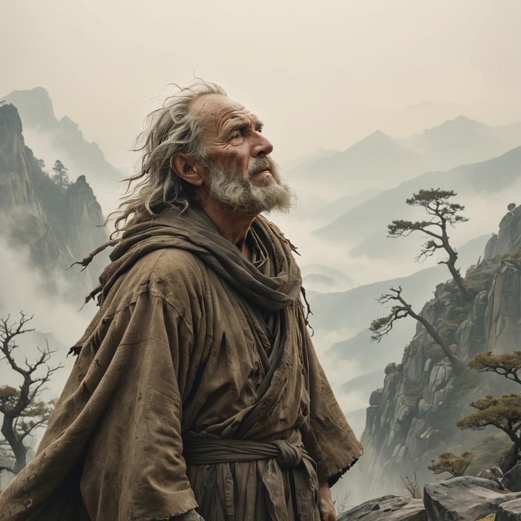 Weathered Man Rants to the Heavens in Shinhanga Style