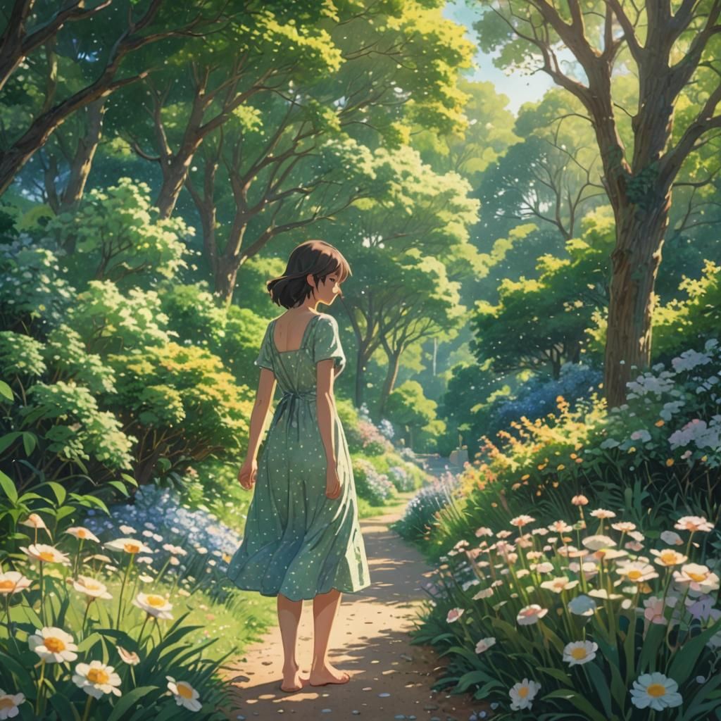 Idyllic Garden Scene in Pointillism Style