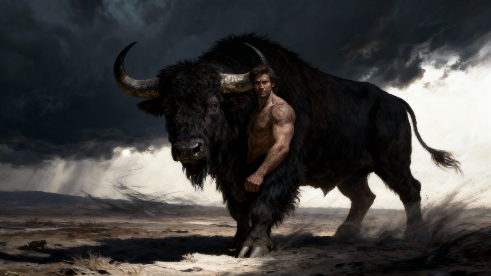 Man-Buffalo Hybrid in Stormy Landscape